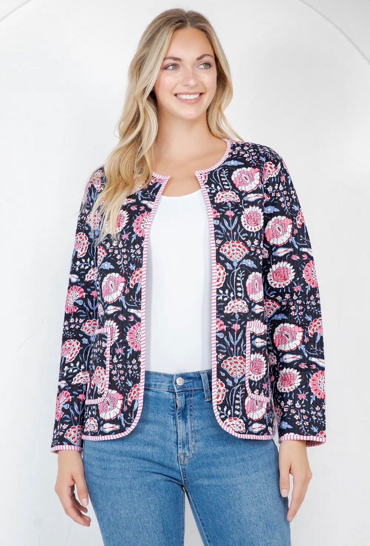 Dark Blue Floral Quilted Jacket