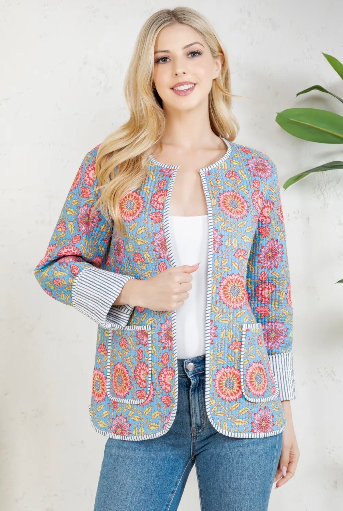 Light Blue Floral Quilted Jacket
